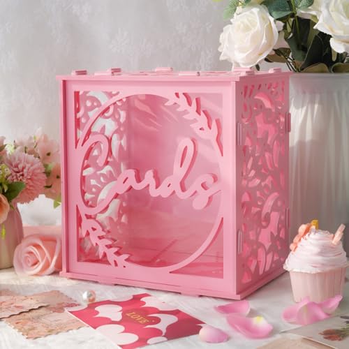 OurWarm Pink Wedding Card Box with Acrylic Window, Elegant PVC Gift Card Box for Weddings Decorations for Reception, Index Wedding Card Boxes for Reception Anniversary Bridal Shower Birthday Decor