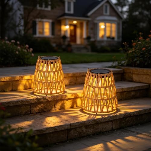 2 Pack Solar Lanterns Outdoor Waterproof, Hanging Solar Lights for Outside with Upgraded Bright LED, Boho Rattan Lantern, Outdoor Table Lights for Patio, Garden, Yard, Porch - 5