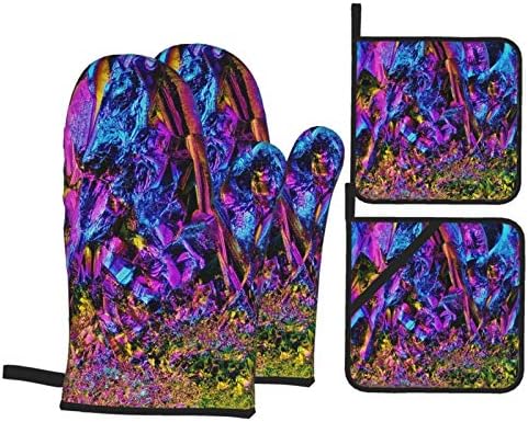 Rainbow Titanium Glass Oven Mitts and Pot Holders Set Heat Resistant Non-Slip Kitchen Gloves Washable Microwave Gloves with Soft Cotton Lining for Cooking Baking Grilling Barbecue