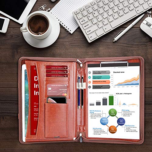 Darolin Zippered Leather Padfolio Portfolio with Hidden Handle and Clipboard, Business Conference Organizer Notepad Folder, Portfolio Bag, Padfolio for Women/Men (Brown) - Thumbnail 7