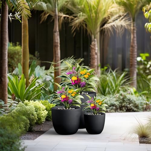 Image of Kante Set of 3 Black Concrete Bowl Planters 18 inch 14 inch 18 inch Dia