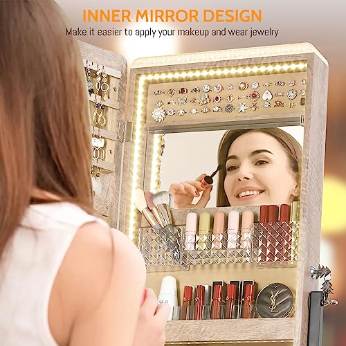 LVSOMT LED Jewelry Mirror Cabinet, Standing Full Length Mirror with Storage, Lockable Jewelry Armoire Organizer with 2 Drawers, Bottom Shelf, Built-in Lighted Makeup Mirror (Brown)
