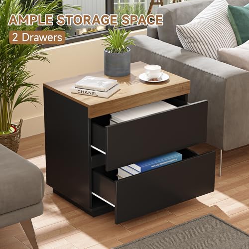 Image of Nightstand with Oak Top, 23.7 inch Wide Night Stand with 2 Drawers, Simple Black Nightstand, Modern Bedside Table for Bedroom