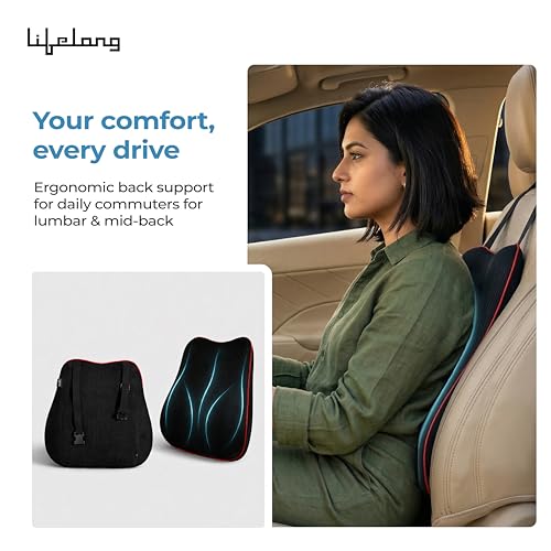 Image of Lifelong Back & Lumbar Support Car Seat Cushion | Memory Foam Car Pillow for Back Side | Office Chair & Seat Backrest for Back Pain Relief, Comfortable Long Drive & Daily Commute | Washable Cover