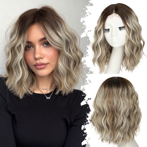 Image of Eawwii Wigs for Women Ombre Ash Brown Blonde,Short Wavy Synthetic Lace Wig | Glueless 4x1 Lace Hairline with Platinum Blonde, Heat-Resistant Fiber,Bob Wave Style,Natural Appearance for Everyday14 Inch