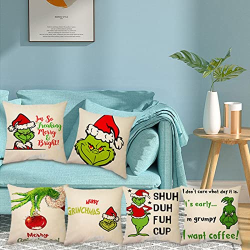 Abida Christmas Pillow Covers, Grinch Decoration, 18X18 Inch Set Of 6 For Christmas Decorations, Throw Pillows Cover Cotton Linen Pillow Case For Farmhouse Bedroom Decor, For Christmas Thanksgiving #TOP5