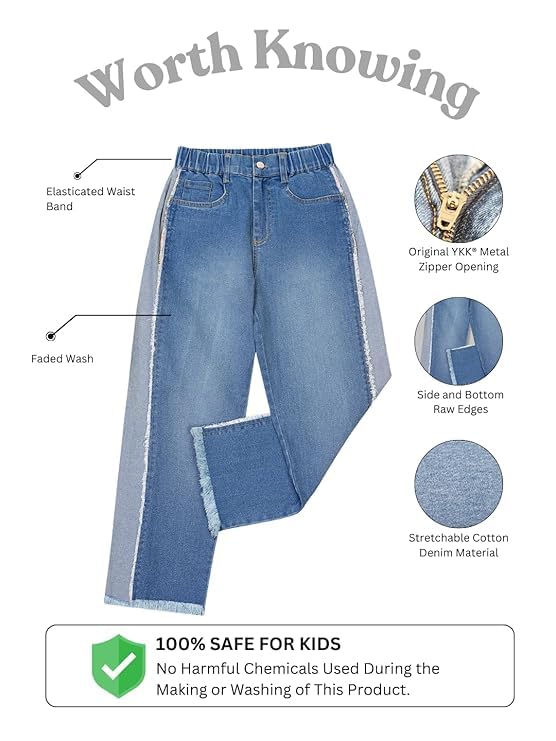 Image of olele Girls Super Jeans Collection for 4-14 Yrs | Stretchable Cotton Denim Trousers | Blue Jeans for Kids | Baggy Denim Pants | Cargo Pants for Girls