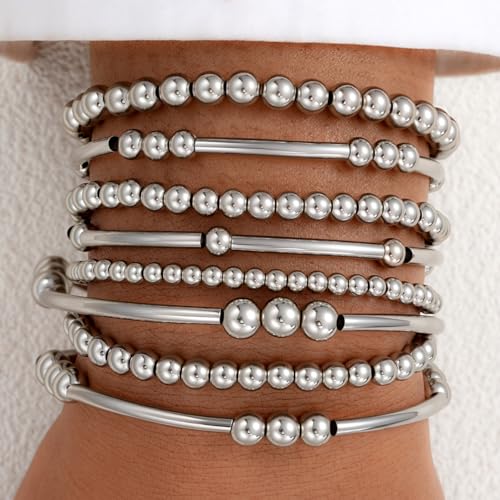 FANDY Silver Beaded Bracelets Set for Women, 3-12Pcs Boho Trendy Simple Stretch Bracelet Stack Ball Beaded Tube Bangle Bracelet Jewelry Set for Gifts2