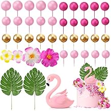 42 Pieces Flamingo Cake Toppers Palm Leaves Hibiscus Flowers Hawaiian Luau Cake Decorations Pink Rose Red Gold Foam Mini Ball Cake Toppers for Tropical Birthday Wedding Party Cake Decorations