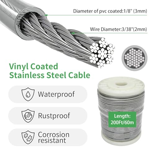1/8\" Wire Cable Rope Kit ,Vinyl Coated 304 Stainless Steel Wire – 200FT 7x7 Strand Cable with Turnbuckles,Shade Sail & Hanging Lights Hardware Kit for Outdoor, Garden,Patio, Crafts,