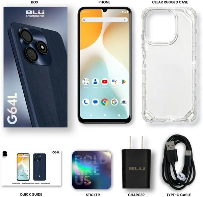 Contents of the BLU G64L retail box including phone, case, charger, and cable.