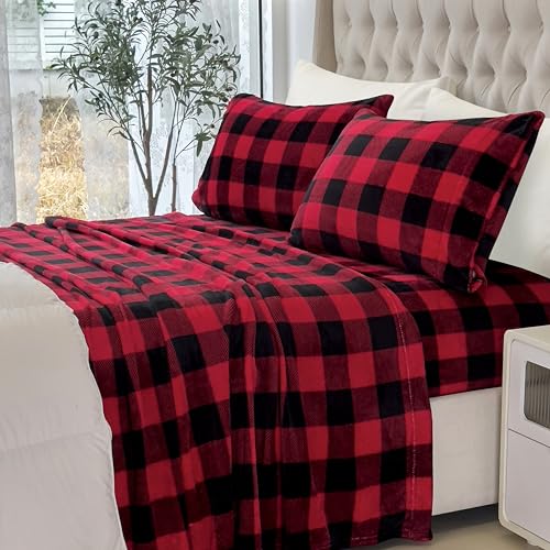 Elegant Comfort Luxuriously Soft 4-Piece Velvet Plush Flannel Sheet Set - Premium Quality - Cozy Warm, Anti-Static, Non Pilling Fuzzy Velvet Flannel Fleece Deep Pocket Sheet Set - Queen, Buffalo Red