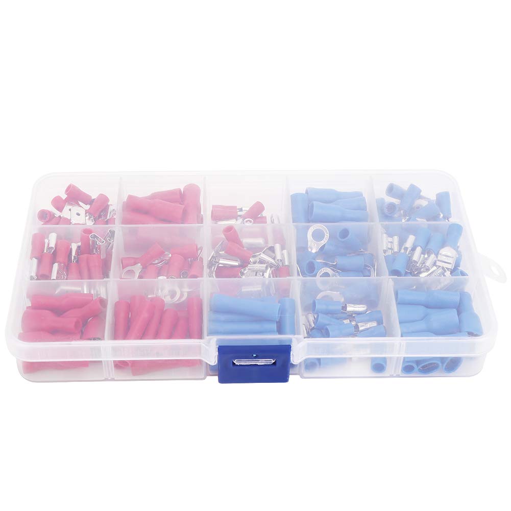 WanRomJun 200 Pcs O-Type Crimp Terminal Set, with Store Box, Insulated Electrical Wire Connector Cold Press Terminal Block, Copper and PVC Bullet Terminal, for Electrical Engineering