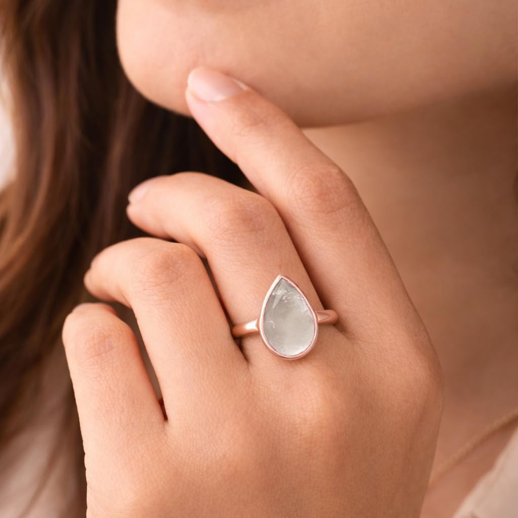 18K Rose Gold Vermeil 925 Sterling Silver Faceted Gemstone Ring for Women | Handmade Bezel Set Teardrop Triangle Raindrop Natural Stone Jewelry | Chakra Inspired Elegant Crystal Ring