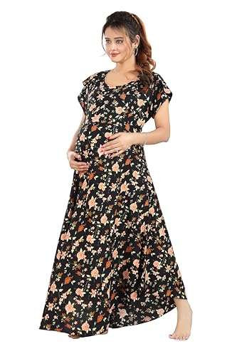 Image of CLOUD SOFT Women's Rayon Cotton Floral Printed Maternity Feeding Gown | Full-Length Nursing Nighty with Zipper | Pre & Post Pregnancy Dress (CS11004-5 MT All)