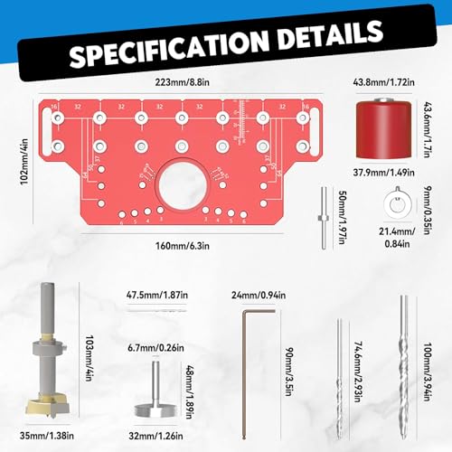 Regalstiftvorrichtung und 35 mm Scharniervorrichtung, 2-in-1 Regalstift-Bohrvorrichtung, Bohrschablone Möbelbau mit 5 mm und 1/4 Zoll Bohrern, Schrankscharniervorrichtung, Bohrlochbohrführung