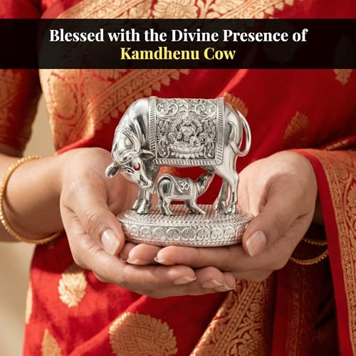 Image of 999 Pure Silver Plated Kamdhenu Cow Idol - 3.5 Inch Auspicious Vastu Home Decor for Pooja Room and Mandir - Sacred Symbol of Prosperity, Abundance and Luck - Ideal Religious