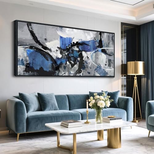 Image of Blue Abstract Wall Art - Canvas Wall Art in Blue and Black Framed Gray Artwork for Living Room, Bedroom and Office Decorations for Work - Modern Wall Decor and Pictures