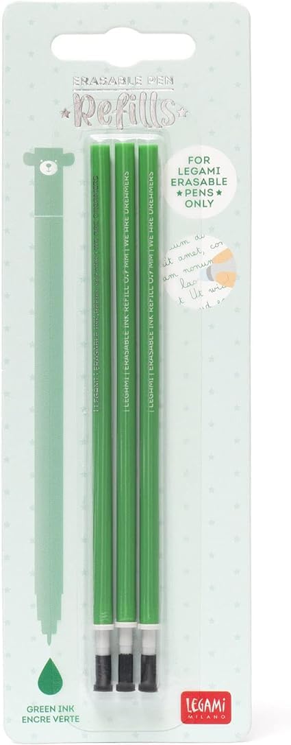Legami - Recambio para bolígrafo de gel borrable (lote de 3 piezas, altura 13 cm, tinta termosensible verde, punta 0,7 mm)