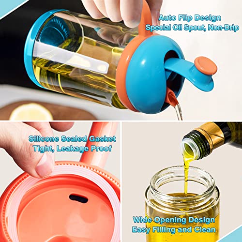 Miao'er Oil Dispenser Bottle For Kitchen, Cartoon Glass Cooking Oil Dispenser, Auto Flip Cap, Non-Drip Spout, Wide Opening Design For Easy Filling And Clean, 18Oz Light Blue #TOP2