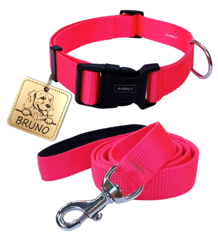 Kraftidy Dog Collar and Leash Belt with Name tag id Customized for Large Medium Small Dogs Neck Collar and Rope Leash with Personalized Dog Name (Hot Pink) (Small) (B0BM9DX88K) Amazon Price History, Amazon Price Tracker