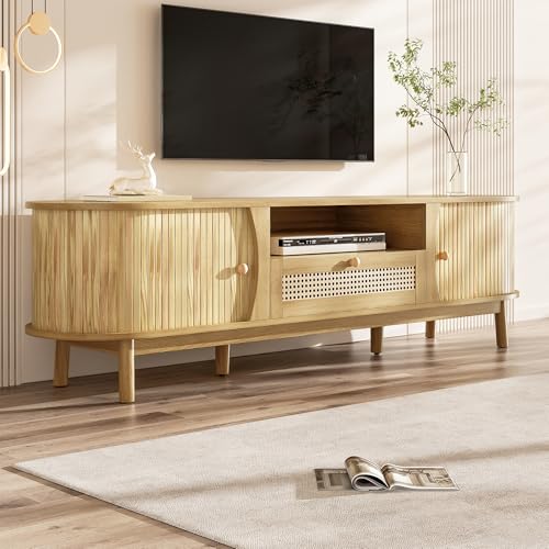 BTM Meuble TV Rotin Portes Bois Massif Style Campagnard, Rangement Front Bas