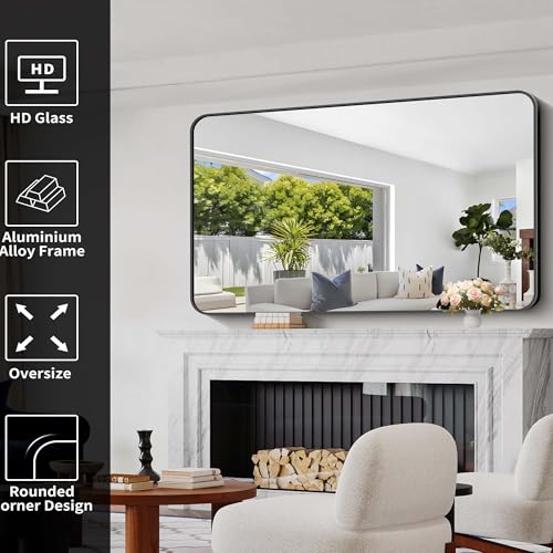 Image of Bathroom Mirror, 30 inchx55 inch Black Rectangle Wall Mirror, Metal Frame Rounded Corner Vanity Mirror, Large Wall Mounted Mirror for Modern Bedroom Living Room Horizontal Or Vertical Mounting