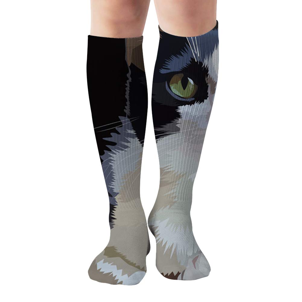 Black White Cat Kitty Miscellaneous Animal Tube Knee High Socks 50Cm Unisex Over-The-Calf Tube Sports Socks Extra Long Compression Stocking