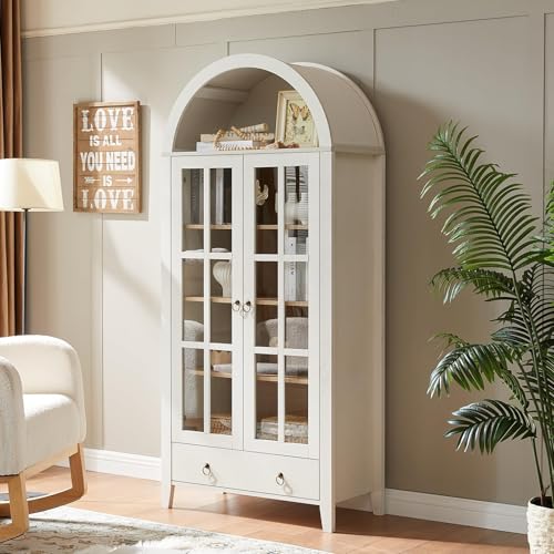 WINWY 70" Tall Arched Cabinet, Modern Farmhouse Wooden Display Cabinet with Glass Doors, 6 Tier Bookshelf with Adjustable Shelves for Living Room, Office, Antique White