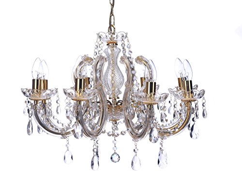 Marco Tielle 8 Light Chandelier in Brass, with Crystal Glass Column Beads & Droplets with Acrylic Arms