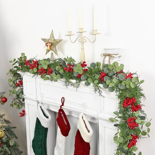 SOMYTING Juego de 2 guirnaldas navideñas de árbol artificial con piñas y bayas rojas artificiales para camino de mesa, Navidad, hogar, puerta, chimenea, decoración de escalera (190 cm x 2)