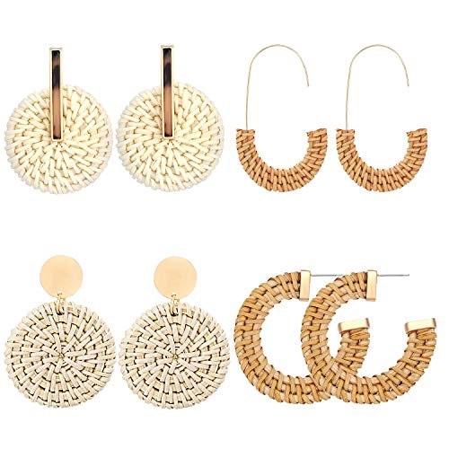 CEALXHENY Rattan Earrings for Women Handmade Straw Wicker Braid Drop Dangle Earrings Lightweight Geometric Statement Earrings (E 4PCS Set 3)