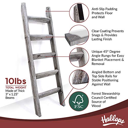 Blanket Ladder 5 ft. Premium Wood Rustic Decorative Quilt Ladder. Gray White Vintage Wooden Decor. Throw Blankets Holder Rack