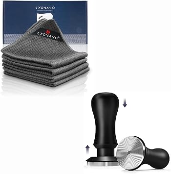 KYONANO Espresso Accessories - 4 Pack Barista Towels & 58.5mm Espresso Tamper - Espresso Towel and 30lb Spring-Loaded Calibrated Tamper with Anodized Aluminum Handle - Coffe Accessories for Barista