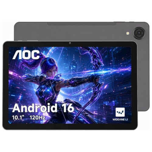 Image of AOC 10 Inch Tablet Android 16, 120Hz IPS High Brightness HD Display, 8-Core Processor, Widevine L1 HD Streaming, 4GB RAM 128GB Storage (1TB Expand), 6000mAh Battery, WiFi, Face ID, Metal Body, Gray