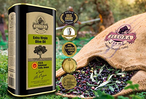 Ellora Farms, Global Gold Award Winner, Certified PDO Extra Virgin Olive Oil, Single Estate, Single Origin, Single Variety, Cold Press & Traceable Olive Oil, Born in Crete, Greece, Kosher, 1 Lt Tin (33.8 oz.) - Thumbnail 5