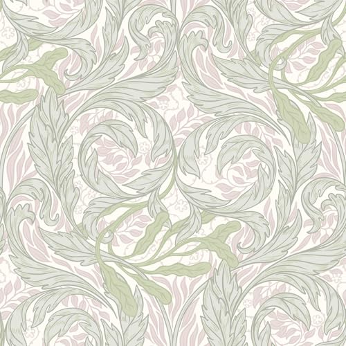 Vale Leaf Arts and Crafts Lightly Textured Wallpaper with Metallic Elements Perfect for Bedrooms, Living Rooms and Hallways Green/Pink Muriva 221503