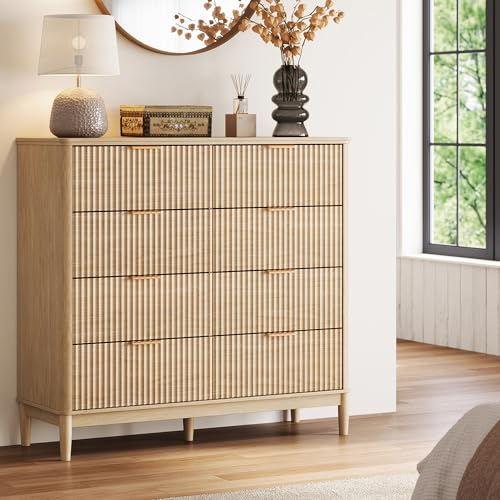 LINSY Fluted Dresser for Bedroom with 8 Drawers, Mid Century Modern Chest of Drawers with Gold Metal Handles, Wide Boho Wood Dressers, Large Farmhouse Storage Cabinet for Bedroom, Living Room, Oak by LINSY - Image 2