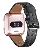 WFEAGL for Fitbit Versa Band, Top Grain Leather Band for Fitbit Versa Fitness Smart Watch (Black Band + Black Buckle)