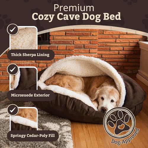 Image of Snoozer Cozy Cave Dog Bed, Round Covered Dog Bed, Hot Fudge (S)