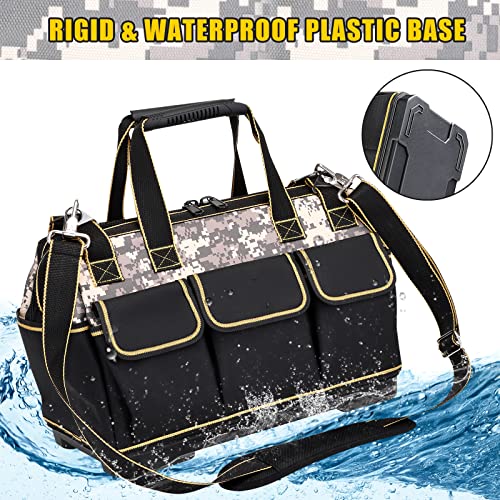 Tool Bag With Waterproof Molded Base Wide Mouth Tool Tote Multi-Pockets Soft Padded Handle And Adjustable Shoulder Strap Canvas Tool Bags For Men Women (Black And Camouflage 15 Inch) #TOP3