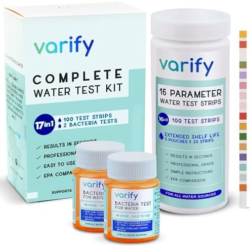 17 in 1 Premium Drinking Water Test Kit - 100 Strips + 2 Bacteria Tests - Home Water Quality Test - Well and Tap Water - Easy Testing for Lead, Bacteria, Hardness, Fluoride, pH, Iron, Copper and more!
