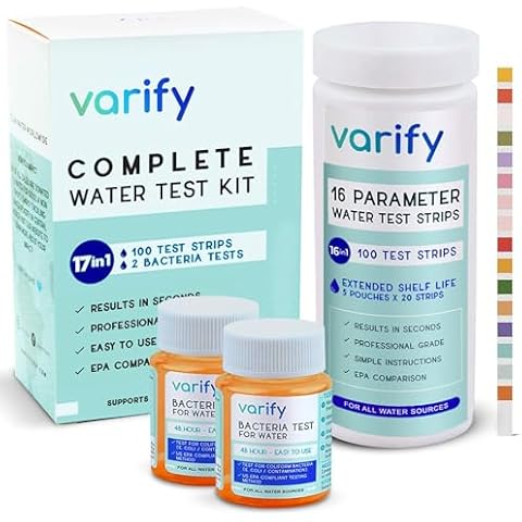 Varify 17 in 1 Complete Drinking Water Test Kit - 100 Strips + 2 Bacteria Tester Kits - Well, Tap, Home, City Water Testing Strip for Lead, Alkaline, Chlorine, Hardness, Iron, Fluoride, Copper & More Cover