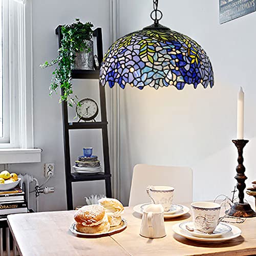 errzom Tiffany Style Wisteria Flower Stained Glass Pendant Lamp, Rural Ceiling Hanging Pendant Light for Kitchen Island Sink Dining Room bar, Adjustable Chain,Blue Purple Green Chandelier,16inch by errzom - Used condition - US$92.14