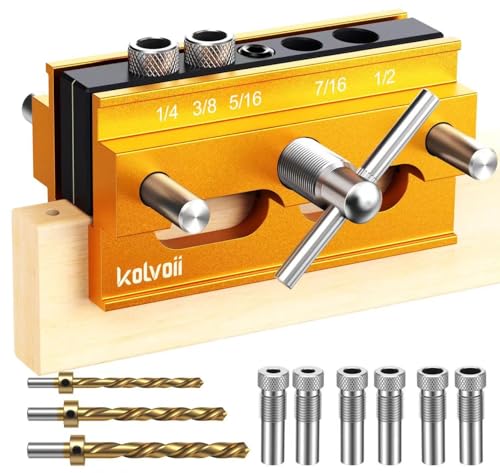 Kolvoii Self Centering Doweling Jig, Precision Dowel Jig Kit Adjustable Width for Straight Holes Biscuit Joiner Set with 3 Drill Bits, 6 Drill Guide Bushings(Gold)
