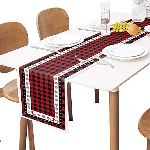 Christmas Table Runner-Red Black Buffalo Plaid Check-Cotton Linen-Winter Dinner Scarf Décor,Long 108 Inch Holiday Reindeer Tree Dresser Scarves,Xmas Kitchen Coffee/Dining Home Living Room Tablerunner - Thumbnail 4