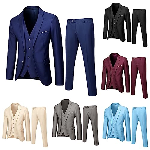 Men's Elegant Slim Fit 3 Piece Suit, Fashion Four Button Solid Color Lightweight Blazer Business Party Jacket Vest Pants Set4