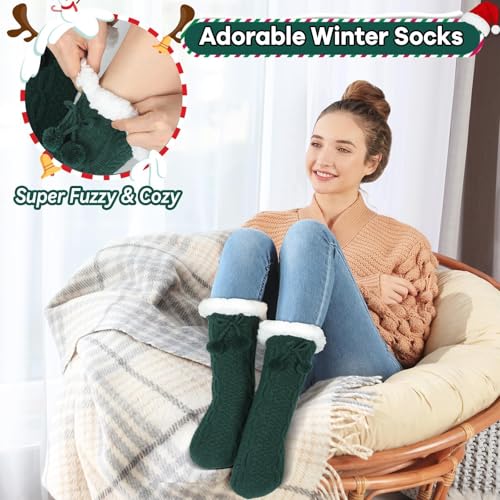 Image of Lonfliness 2 pairs Women Slipper Fuzzy Grips Socks Fluffy Cozy Cabin Warm Winter Soft Thick Comfy Fleece Non Slip Home Socks for Women and Girls Christmas Gifts (Green)