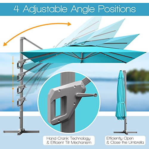 Tangkula 10Ft Patio Cantilever Umbrella, Outdoor Hanging Square Aluminum Sun Umbrella W/ 360° Rotation Function, 4-Level Tilting System & Hand-Crank, Weight Base Included, For Garden Backyard (Turquoise) #TOP5