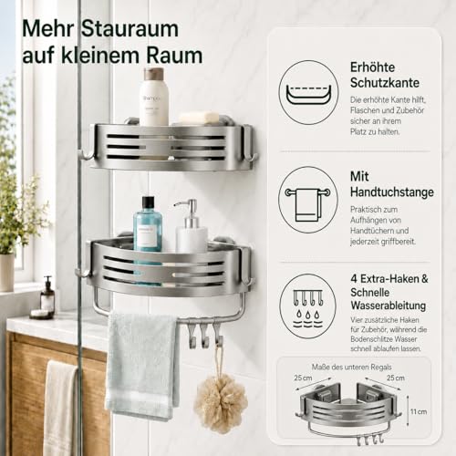 Nordkai Duschregal Ecke Ohne Bohren, 2er Set Duschablage mit Saugnapf, Aluminium Rostfrei, Eckregal Dusche mit Handtuchstange & 4 Haken, für Fliesen Glas Marmor, Bad & Küche